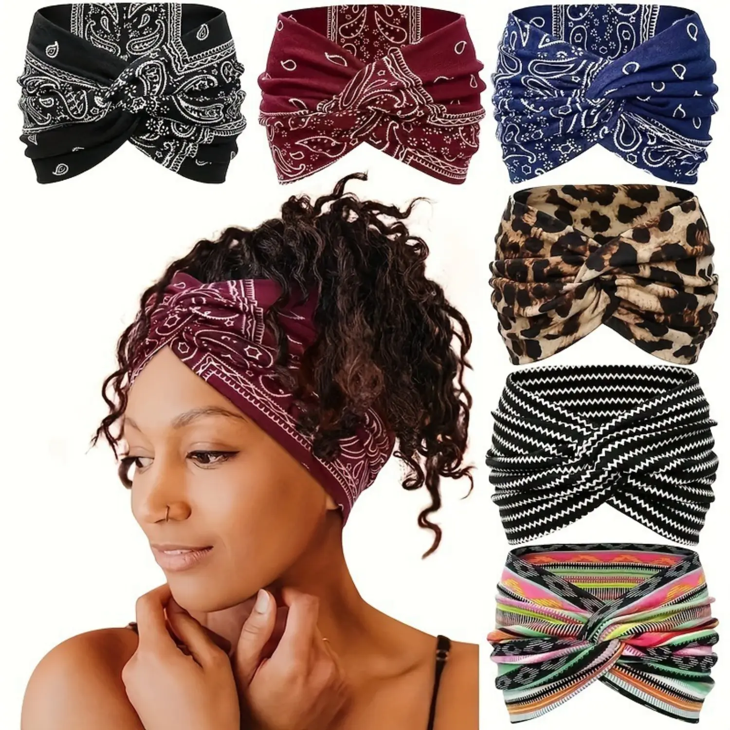 Boho Headbands for Women Wide Bandana Hair Bands Vintage Paisley Leopard Printed Turban Elastic Stretchy Twisted Knot Headwrap Non Slip Workout Yoga Running Sport Hair Accessories
