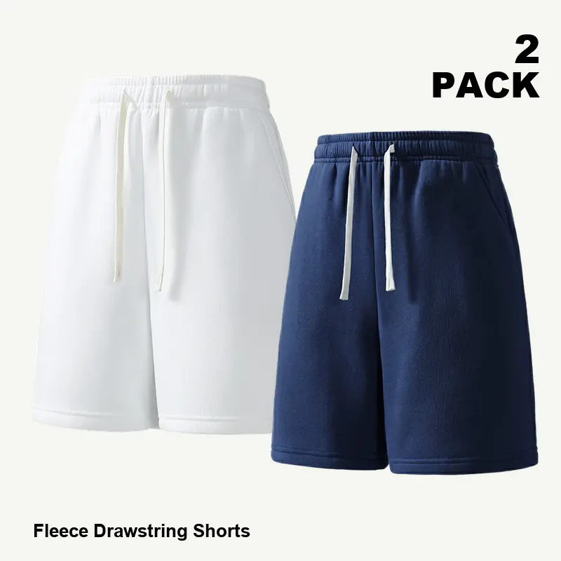 Men's 2-Pack Regular Loose-Fit Casual Mid-Thigh Shorts - Solid Lounge Sweatshorts with Elastic Waist, Drawstring, Side Pockets for Summer Menswear (White + Navy)