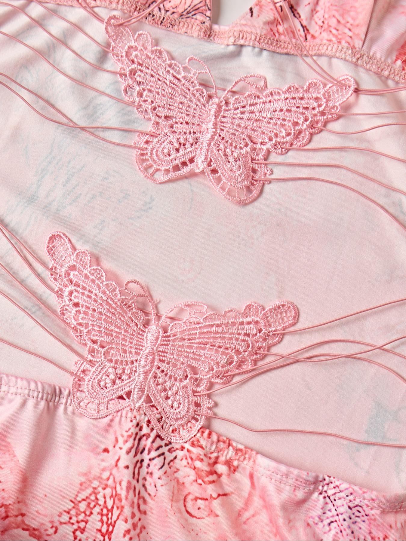 Women's All Over Print Criss Corss Butterfly Decor Backless Cami Dress, Sexy Fashion Style Sleeveless Spaghetti Strap Mini Dress for Beach Club Party, Butterfly Dress for All Seasons Butterfly Dress