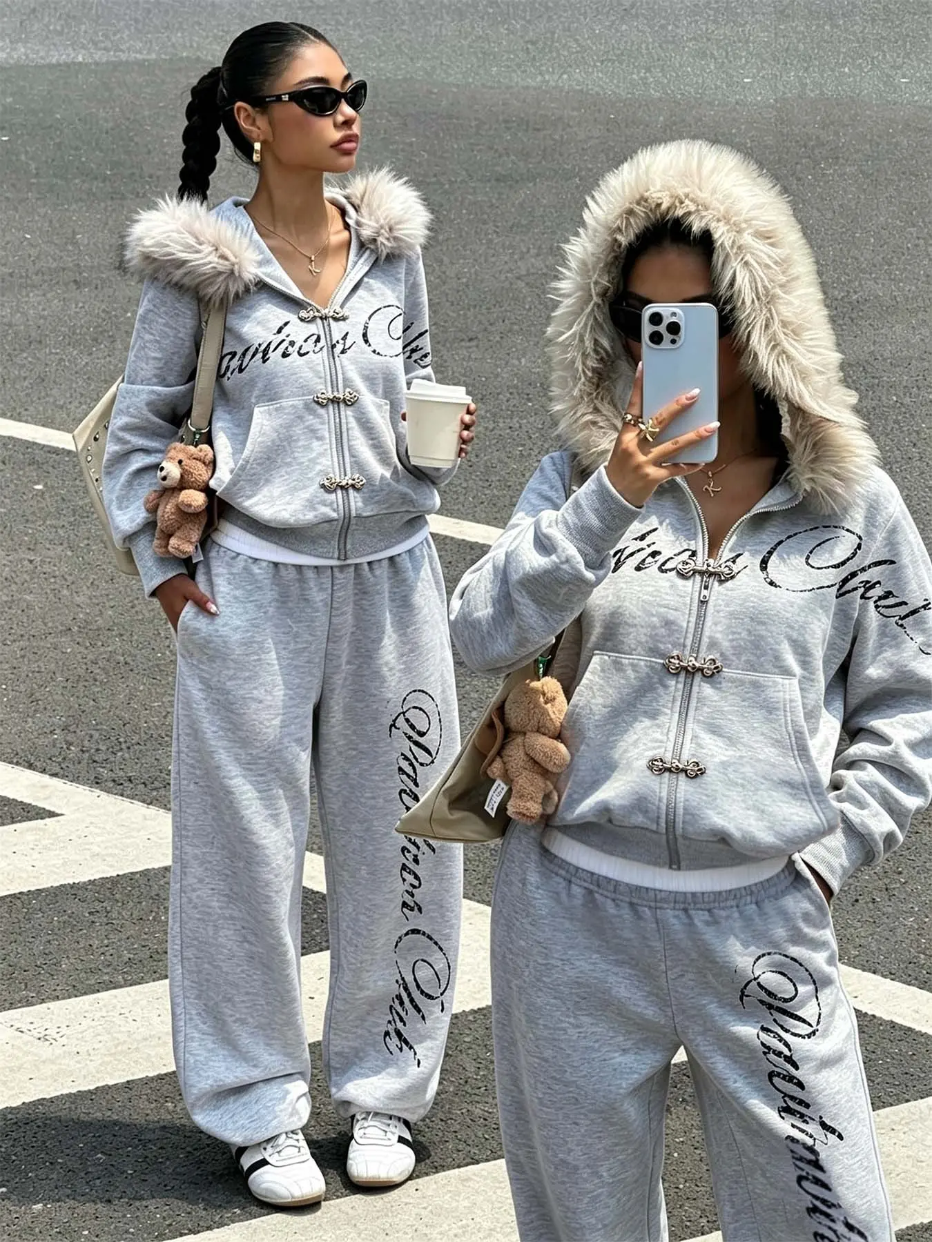 Gray two-piece tracksuit with faux fur-trimmed hooded zip-up sweatshirt & wide-leg casual pants, loose fit suitable for both men and women, perfect for city shopping, coffee dates, street style, and campus outings, Streetwear Tracksuit Set