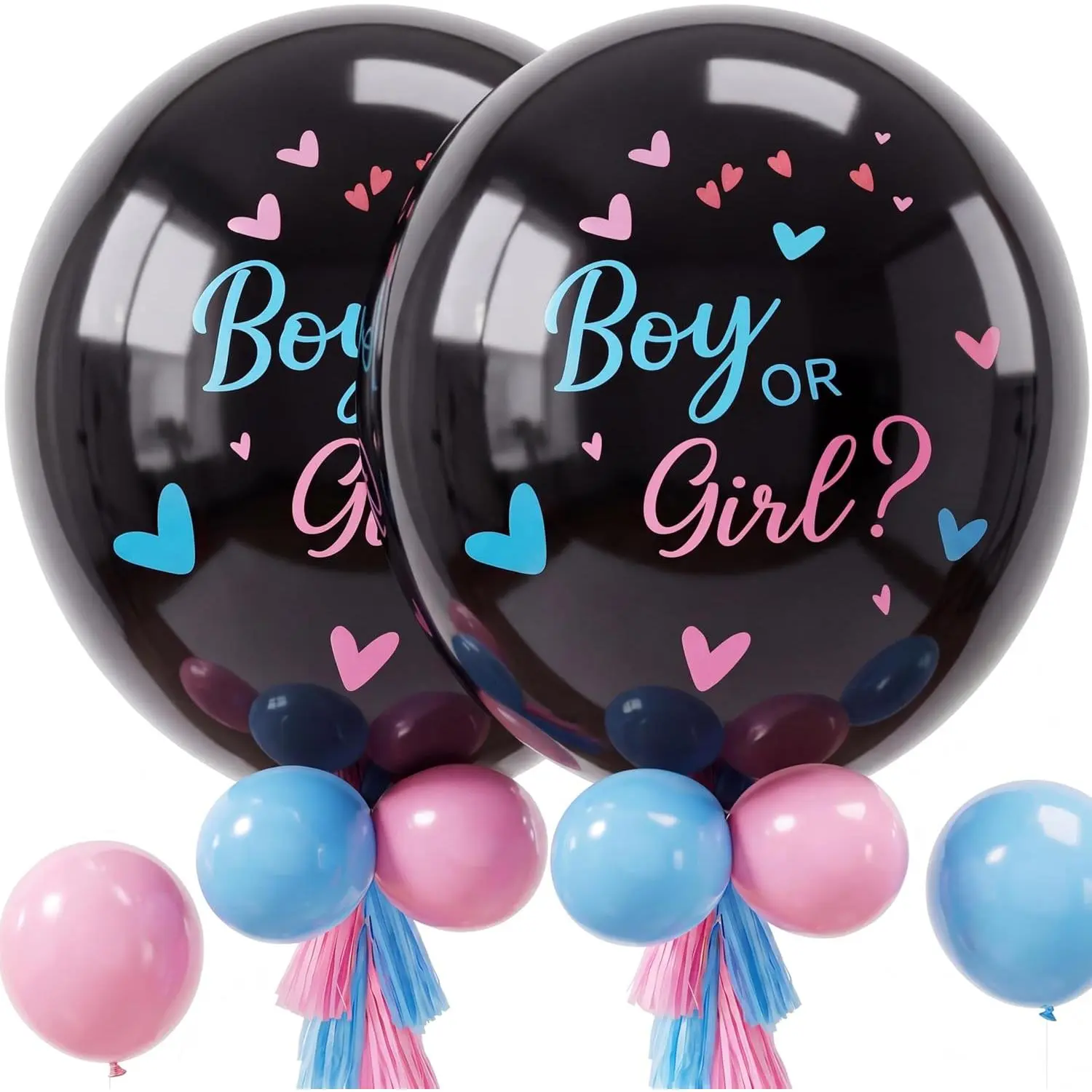 Gender Reveal Balloon Kit, 2pcs 36" Jumbo Black Baby Boy or Girl Balloons with Heart Shaped Paper Confetti, Blue Pink Balloons and Tassels for Baby Shower Gender Reveal Party
