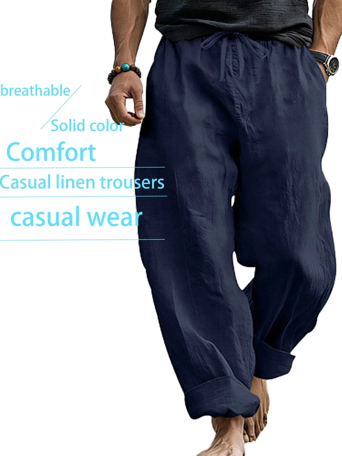 Trendy Men's Casual Linen Pants Summer Straight Fit Lightweight Breathable Drawstring Elastic Waist Harrington Pants High-End Minimalist Retro Versatile Boyfriend Style Beach Long Pants
