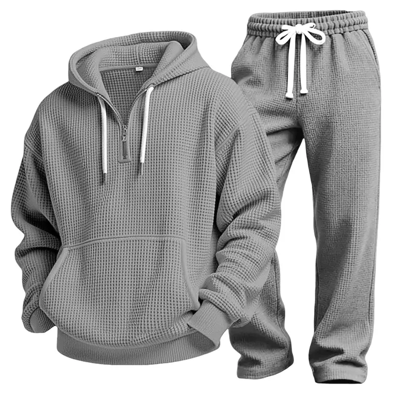 Men’s Spring & Autumn Waffle Textured Two-Piece Tracksuit, Half Zip Hoodie With Drawstring & Kangaroo Pocket, Elastic Wide Leg Pants, Loose Casual Fit, Soft Breathable Fabric, Suitable For Daily Leisure & Street Outfits # FallVibes