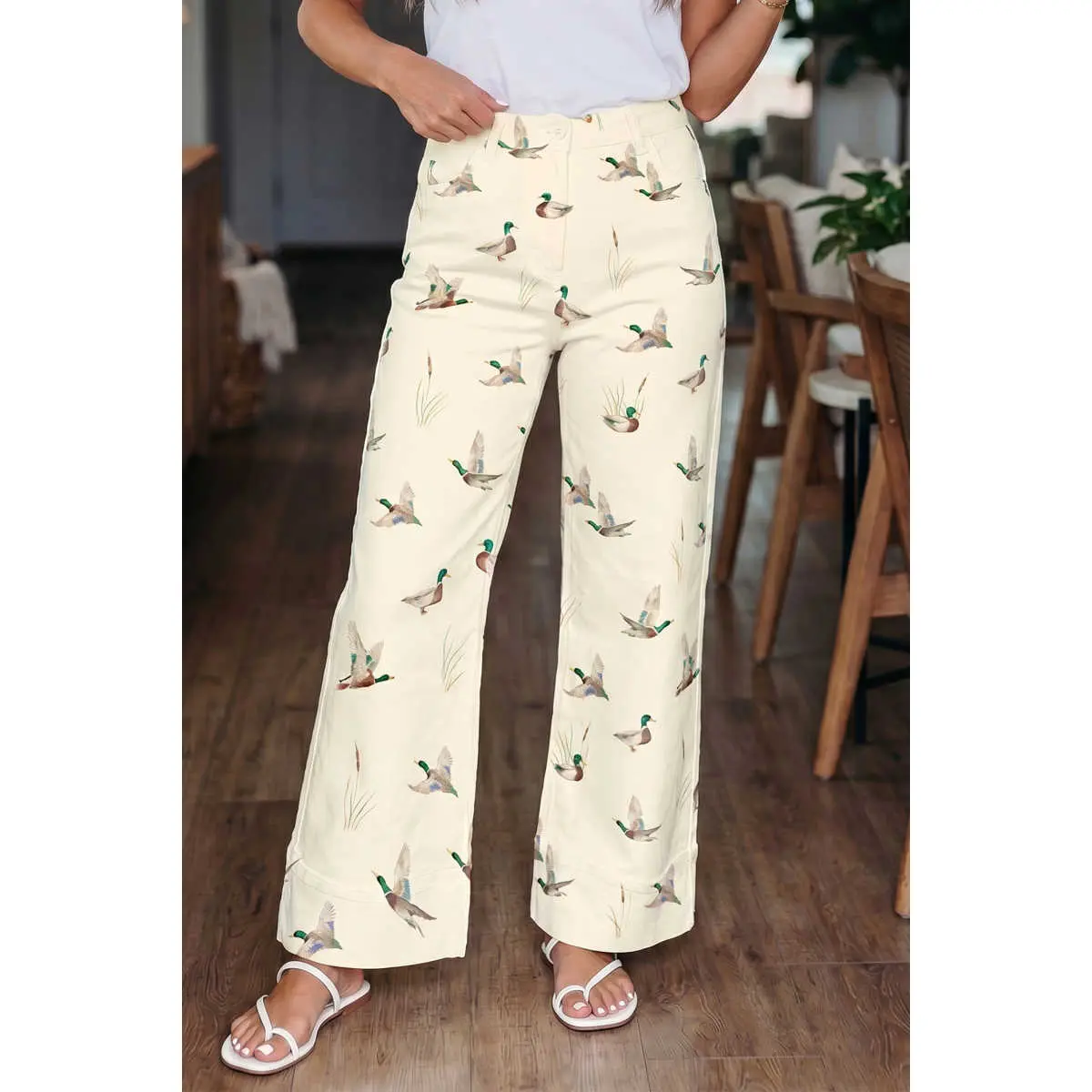 Women's Casual Pants with All-Over Duck Pattern, Loose-fitting Breathable Cotton Blend Fabric with an Elastic Waist and Side Pockets, Women's Clothes, Everyday, Bottoms, Soft Stretch, Fun, Nature-Inspired Look, Relaxed Shift Silhouette, Comfortable, Duck,