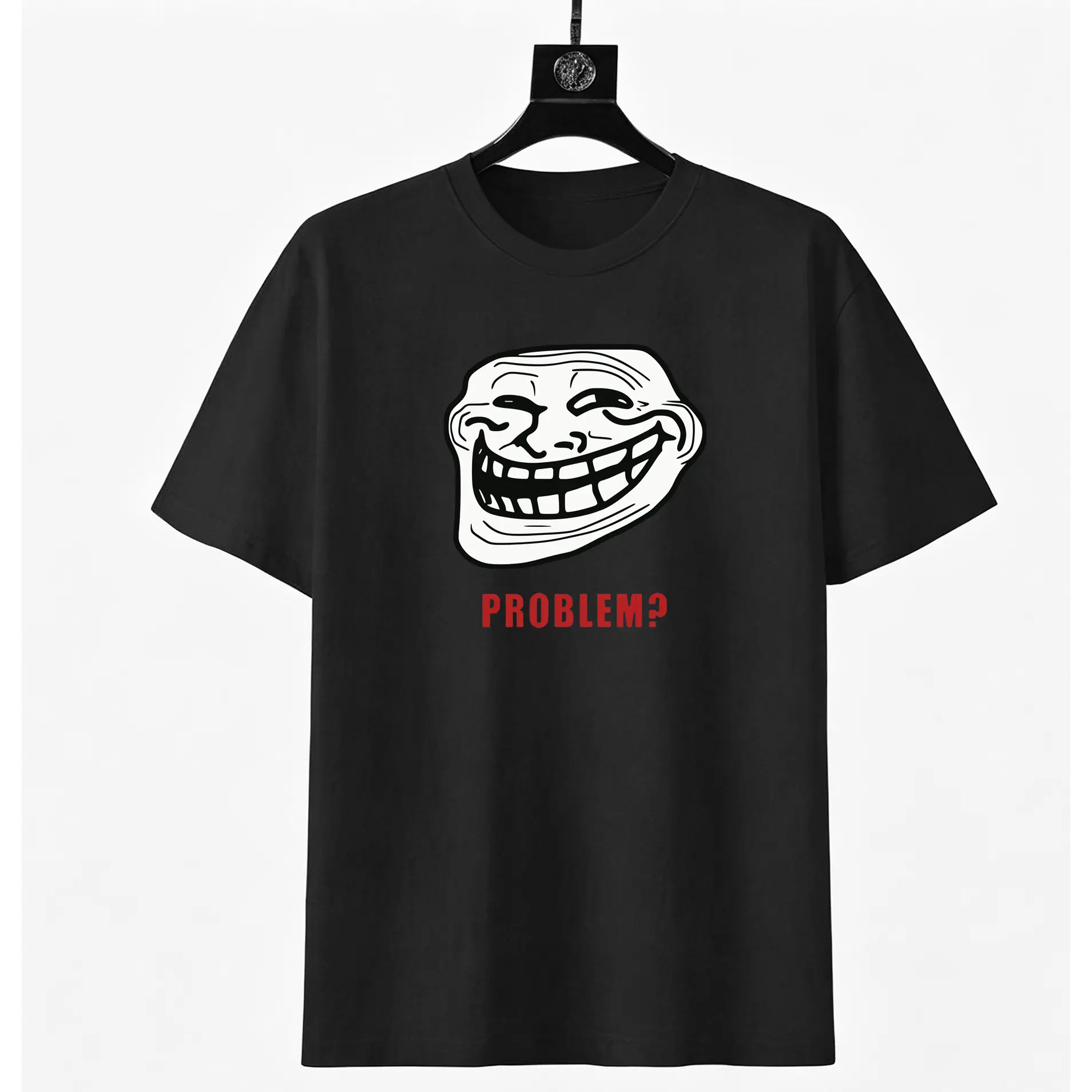 Troll Face Meme Round Neck T-Shirt, Funny Internet Trollface Graphic Tops, Black Casual Novelty Sports & Outdoor Clothes