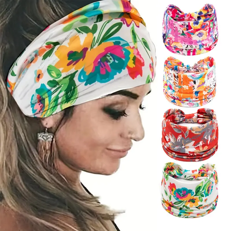 Women's 4Pcs Printed Flowers Wide Edge Headband - Sweat-Absorbing, Anti-Slip, Elastic Fabric Sports Headband for Fitness, Running, Leisure