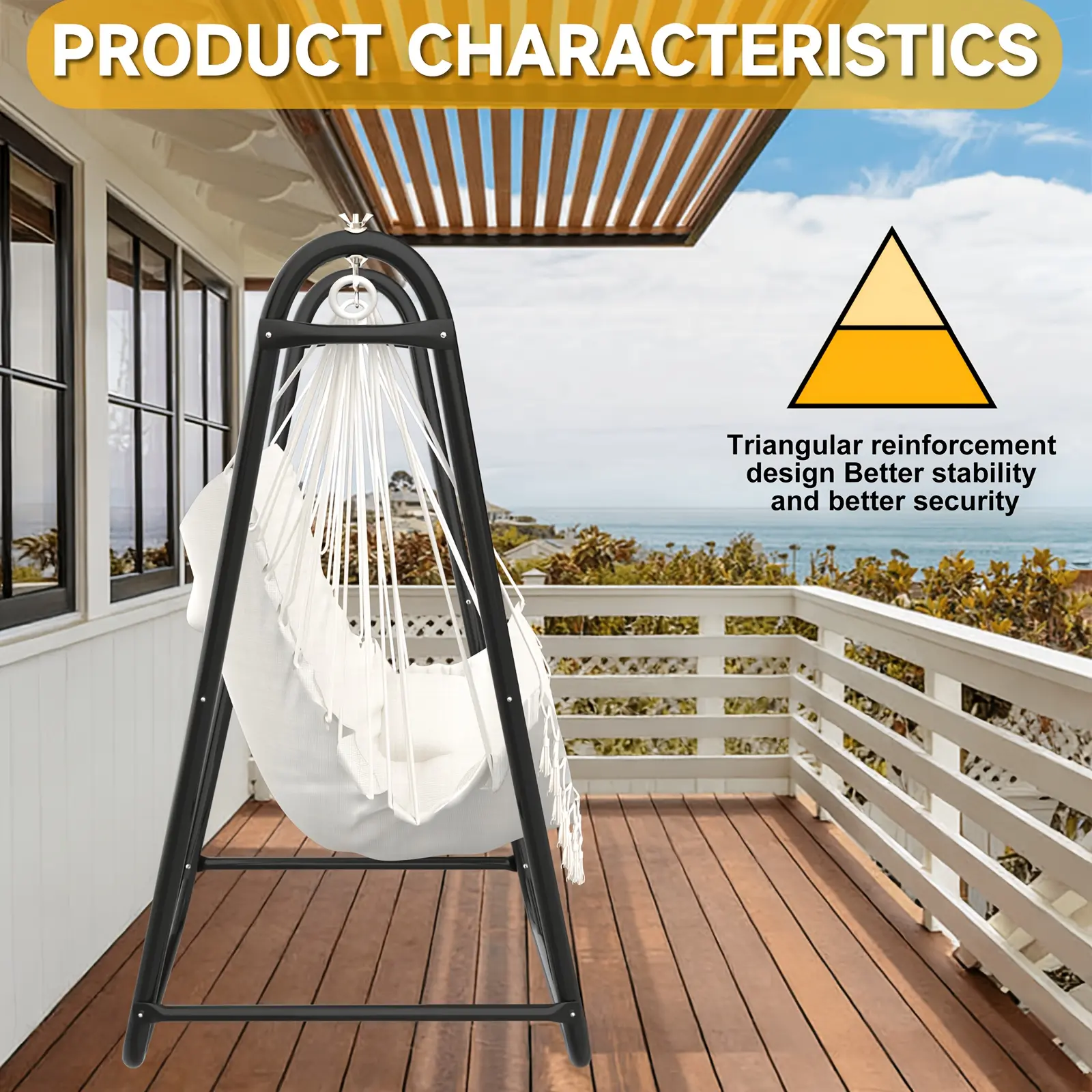 Hanging Swing Chair with Stand, U-Shaped Double Steel Tube Design, Bohemian Style, White Color, Supports Up to 350Lbs, Suitable for Indoor And Outdoor Use in Garden, Patio, Or Bedroom
