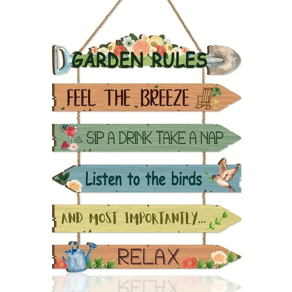 10.6inch Garden Rules Wooden Hanging Sign - 6-Piece Rustic Decor for Garden, Yard, Front Door, Fence & Home Wall, Spring Flower Themed Plaque with Inspirational Quotes, Yard Signs