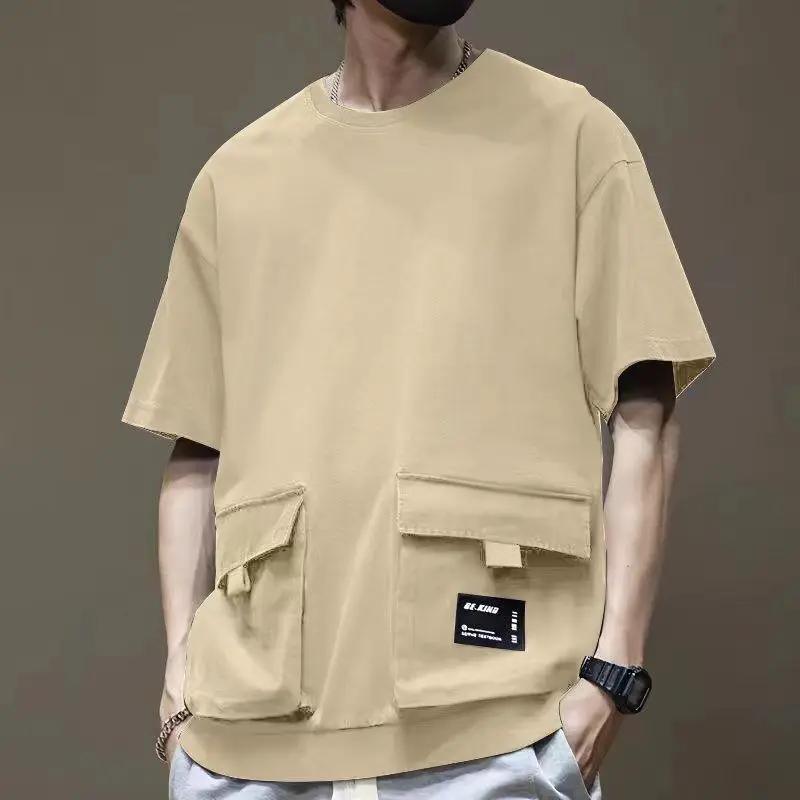 Kyn Apparel Men Cargo Short Sleeve T-shirt Cotton Round Collar Sports Pocket Running Tee High Street Dropped Shoulder Half Sleeve T-Shirts