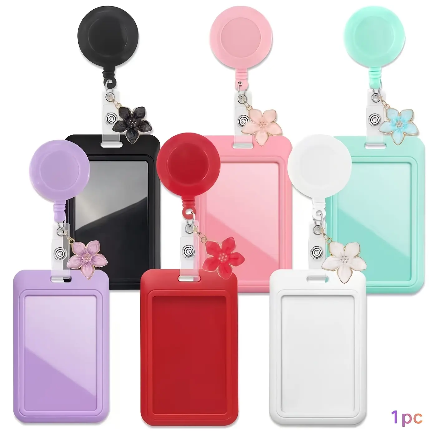 2pcs 2D 1pc Colorful Sliding ID Badge Card Holder with Nurse Badge Reel Retractable, Cute Badge Reel Flower Charm, for Credit, Pass, Gift for Doctor Nurse Teacher Office Worker