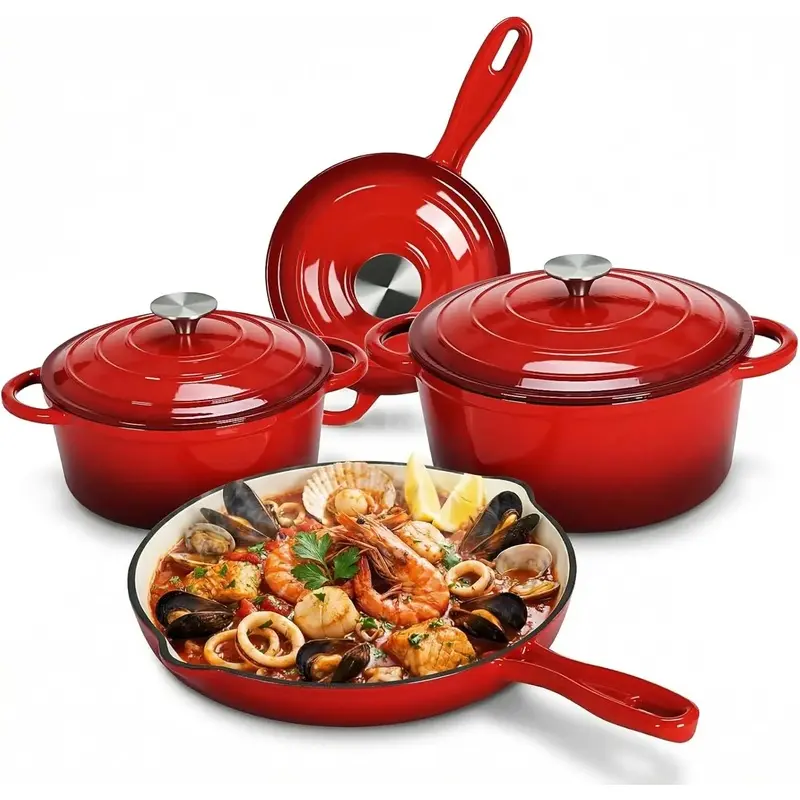 4PCS Non Stick Coated Cast Iron Cookware Set Dutch Oven Set For Gas Stove Induction Cooktop PFOA PFAS Free Summer Garden Series Frying Pan Skillet Tortilla Grill Pan Cooking Pot Set Nonstick Cookware Set