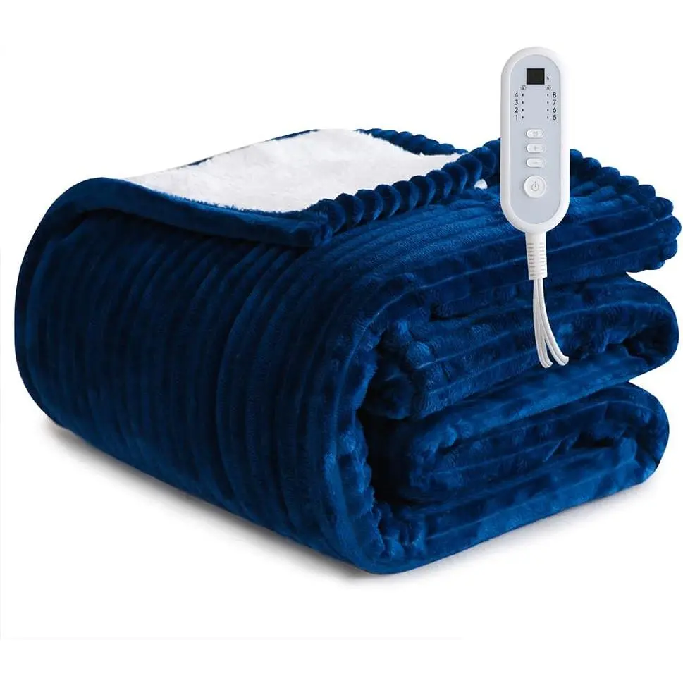 Heated Blanket Electric Navy Blue Throw - 50"x60" Heating Blanket Throw 1/2/4/6/8 Hours Auto-Off 8 Heat Level Over-Heat Protection Ribbed Flannel Sherpa Electric ETL Certification