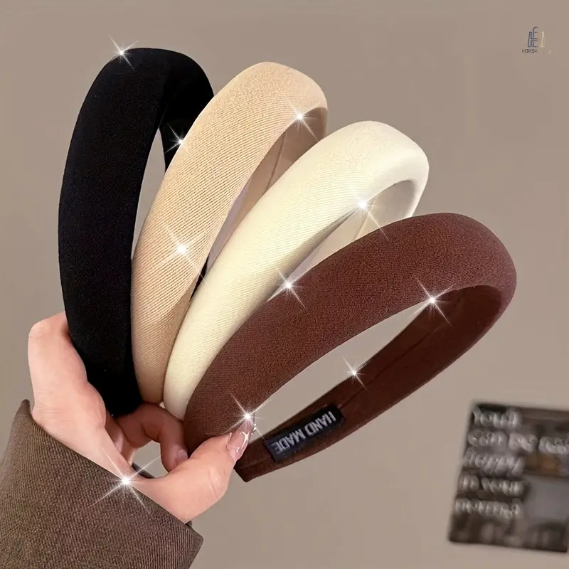 4Pcs Solid Fabric Padded Wide Headbands, Simple Sponge Hair Bands, Women High Volume Hair Hoop, Non Slip Makeup Headband, Versatile Neutral Hair Accessories for Daily & Skincare