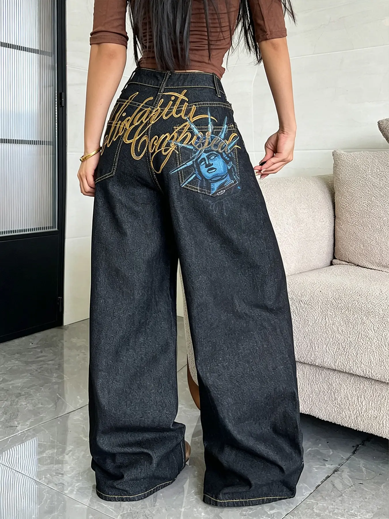 Women's High-Waisted Wide-Leg Jeans Pants, Goddess Portrait Embroidered Letter Patchwork, Y2K Street Style Streetwear, Loose Fit, All Seasons