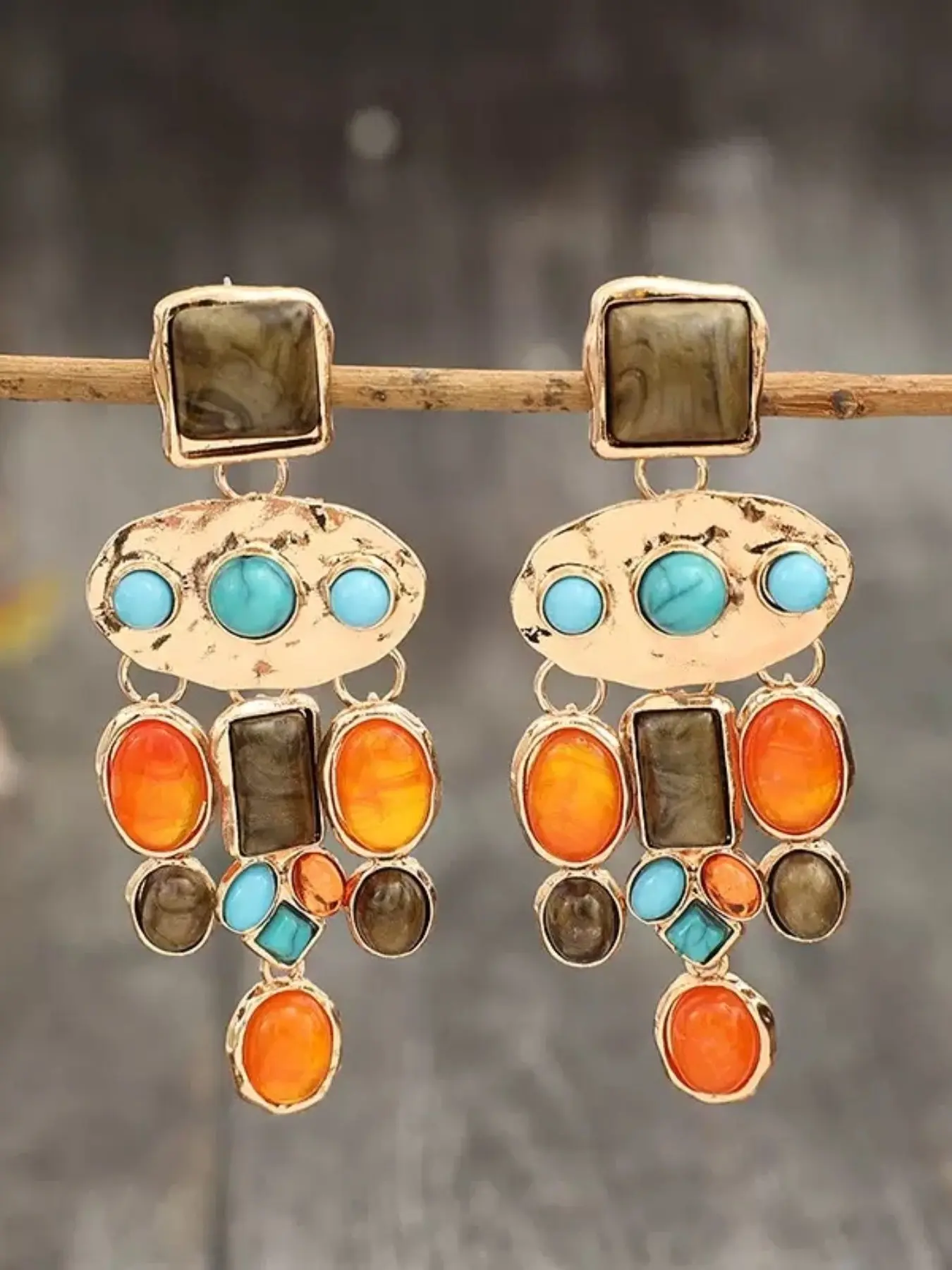 Vintage Turquoise Earrings, Geometric Pattern Long Dangle Elegant Style Design, Elegance, Copper Material, Luxurious Statement Jewelry for Women, Perfect Gift Idea