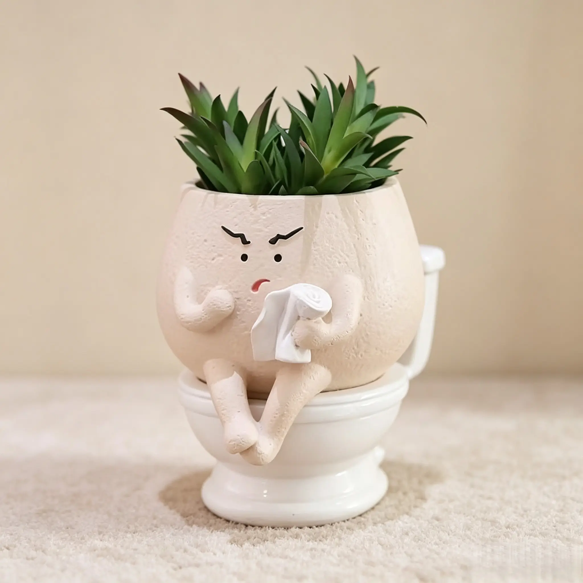 Funny Face Toilet Planter with Drain Holes, Cute Self-Watering Succulent Pot, Unique Head Planter for Home Office Desk, Great Gift, Resin Planters