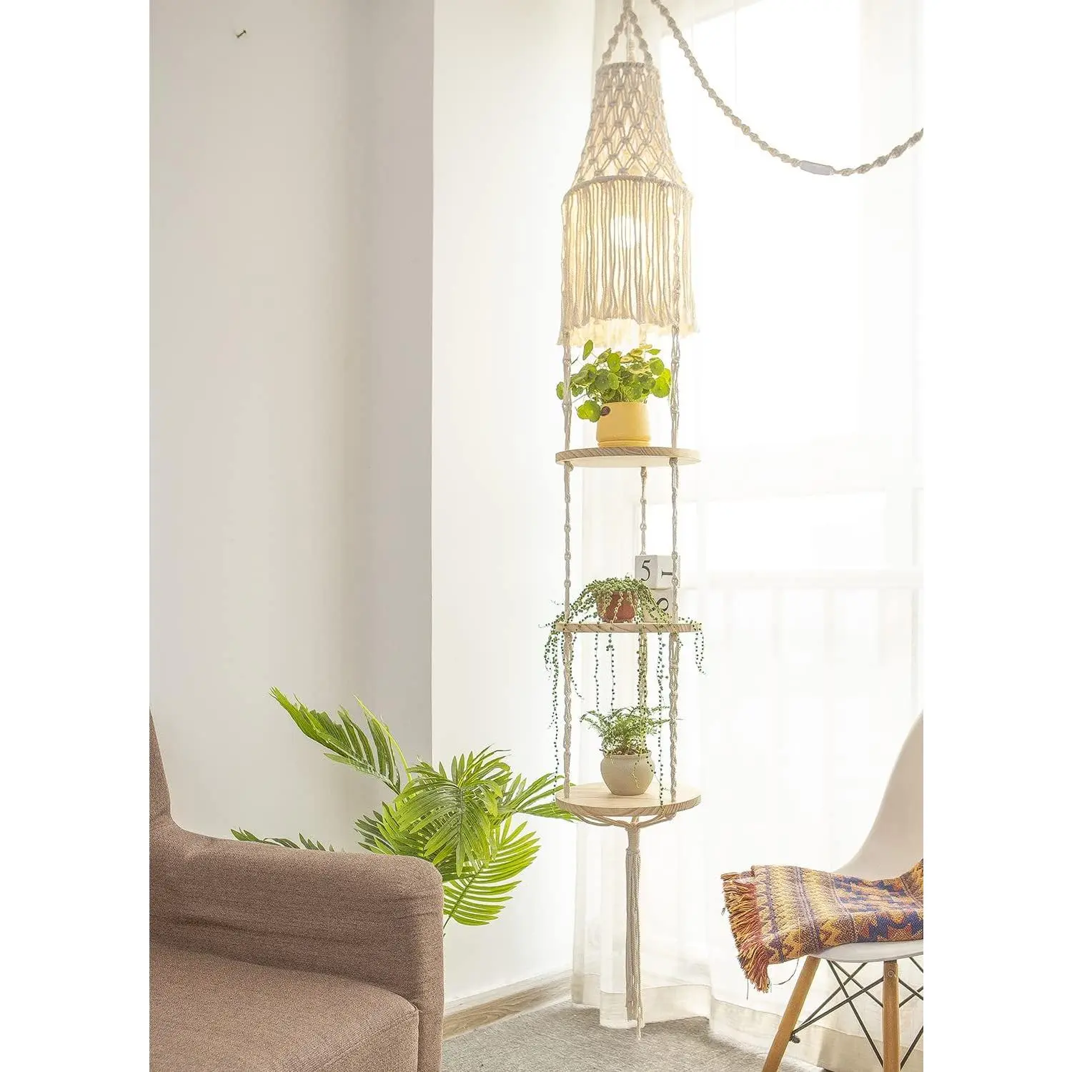 Macrame  Hanger Shelf  Rope Shelf Indoor with Boho Lamp Shade 3 Tier Floating Round Shelves Decorative Shelf Flower Pot Holder Planter Display Rack Boho  Decor-1 Set