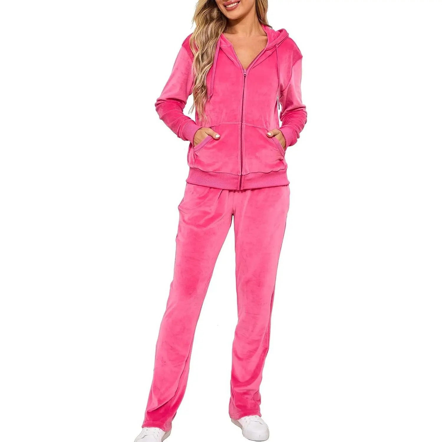 Women's Velour 2-Piece Track Suit Set - Long Sleeve Top with Zipper Design, Fall 2-Piece Sweatsuit Set, Two Piece Set