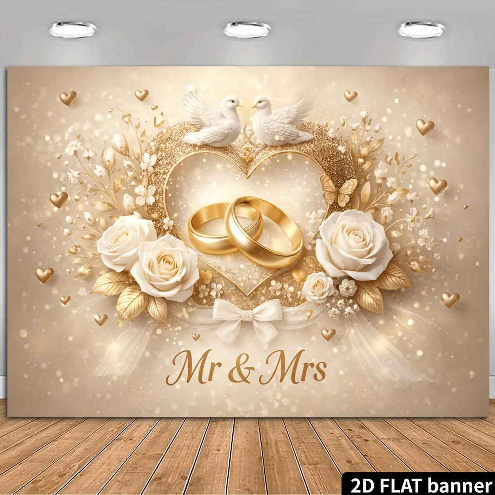 Elegant Wedding Backdrop Banner - Home Decor Tapestry with Golden Hearts, Wedding Rings, White Roses, Dove Design, Lightweight Hanging Photo Background for Indoor Celebrations, Ideal Room Gift