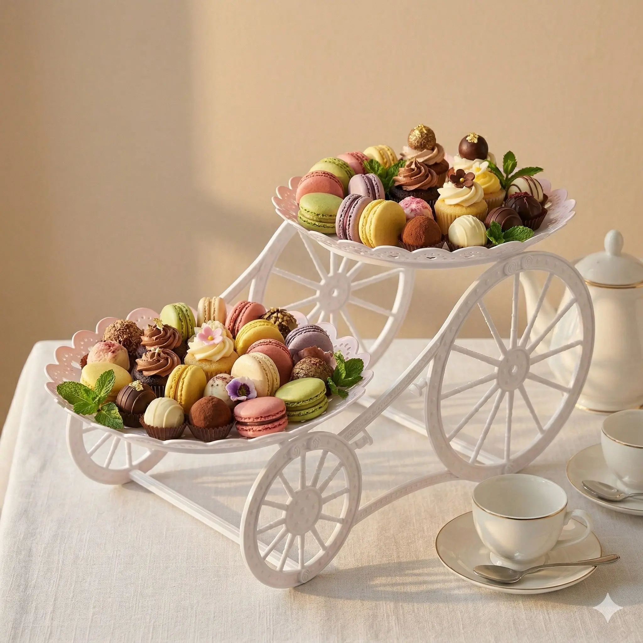 2-Tier Carriage Shaped Cupcake Stand, White Metal Wheel Dessert Display Tray, Vintage Cart Style Serving Platter for Macaron, Chocolate, Pastry, Wedding Tea Party Baby Shower Decor, Dessert Stands