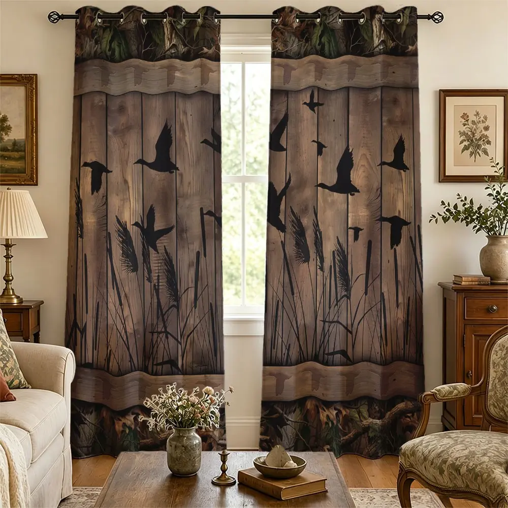 2 panels retro country duck print blackout curtains - Privacy Grommet Curtains room divider blackout window curtain with perforated design on the top, Home Decorative Curtain, suitable for living rooms, bedrooms, kitchens, and holiday decorations