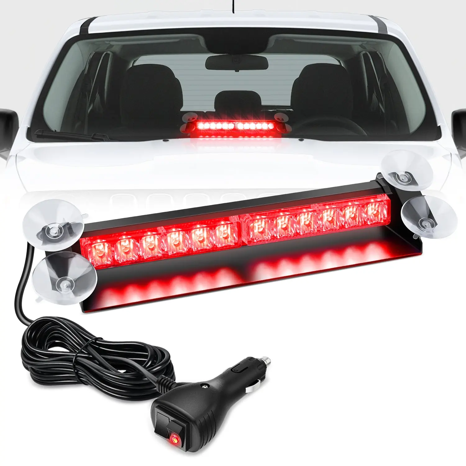 Nilight 12-LED Suction Aluminum Strobe Light Bar - 12-24V DC Red Emergency Warning Light with 9.94ft Cable, Dual Switch Design for First Responders’ Car, Truck, Snowplows (Dash/Front-Rear Windshield Mount)