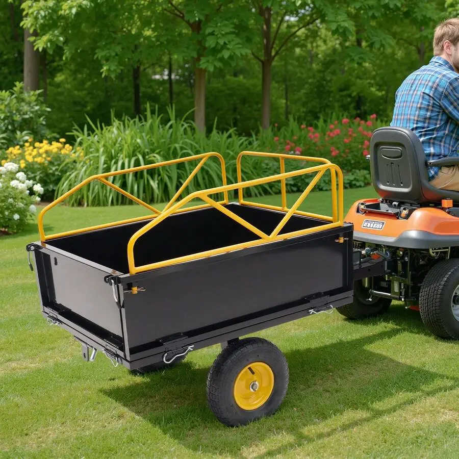 Outdoor Yard Utility Trailer, Heavy Duty Tow Behind Dump Cart Lawn Mower, And Home Use