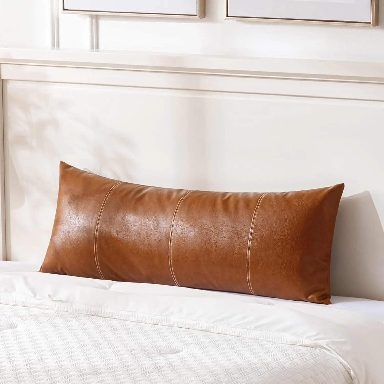 Brown Boho Long Lumbar Faux Leather Body Decorative Throw Pillow Cover 14x36 Inch for Bedroom Couch Bed Sofa Bench, Hand Stitched Stylish Pillowcase, Rustic Modern Farmhouse Room Decor