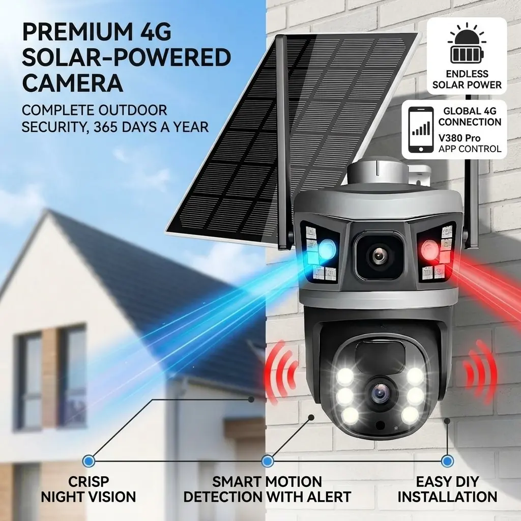 V380 4g Solar-Powered Surveillance Camera, 32GB Memory Card, Red And Blue Light Alarm, Low Power, Dual Vision Night Vision, Outdoor Remote Monitoring