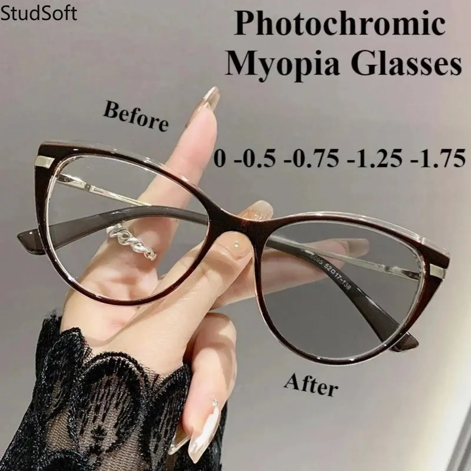Cat Eye Photochromic Myopia Glasses Anti Blue Light 0 -0.5 -0.75 Low Degree Finished Flat Metal Eyeglass Frame for Women Computer Screen Transition