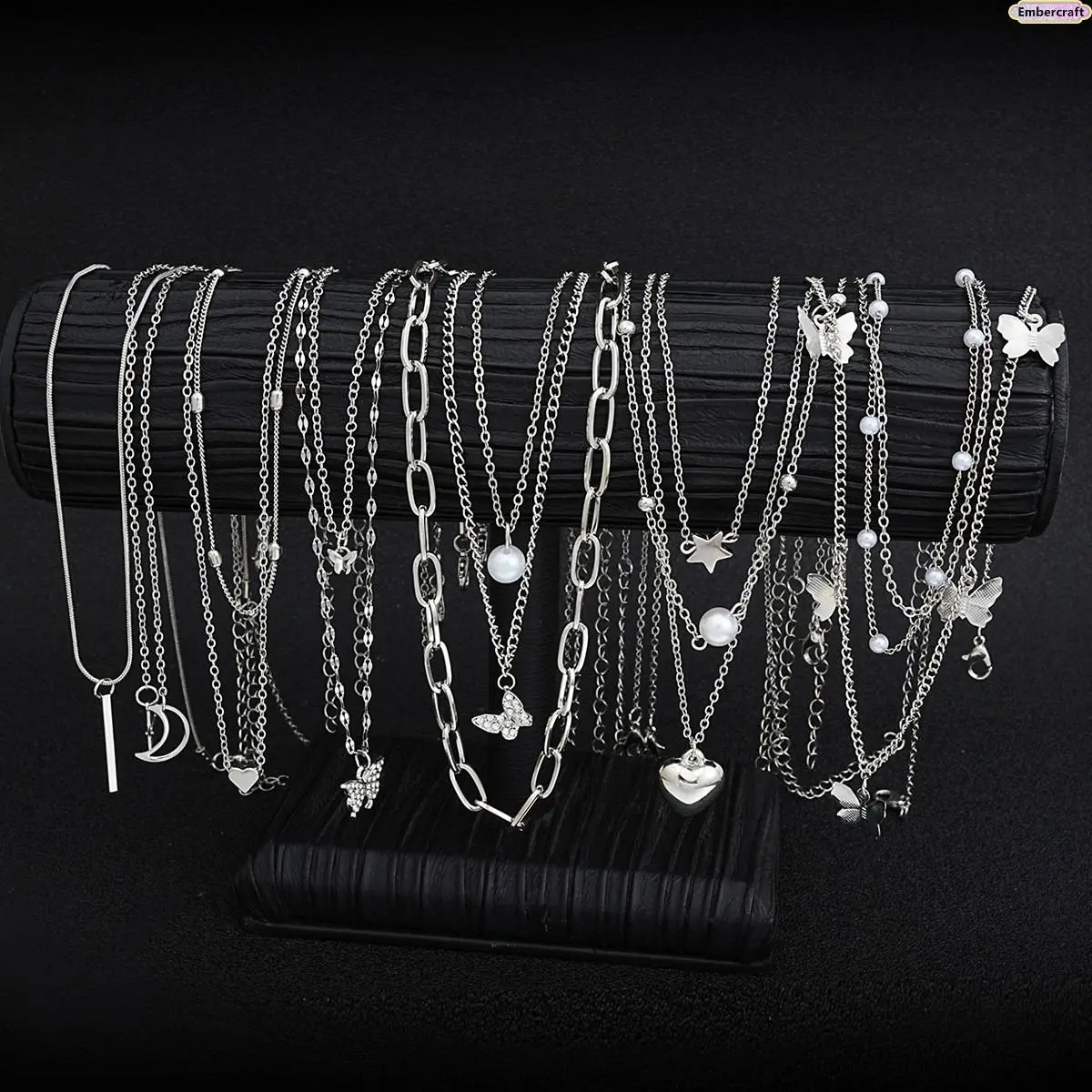 Whimsical Boho Style Jewelry Set for Women, 14-Piece Layered Metal Chain Necklaces & Rings with Celestial Charms, Whimsy, Moon, 14‑Piece Mix‑Match