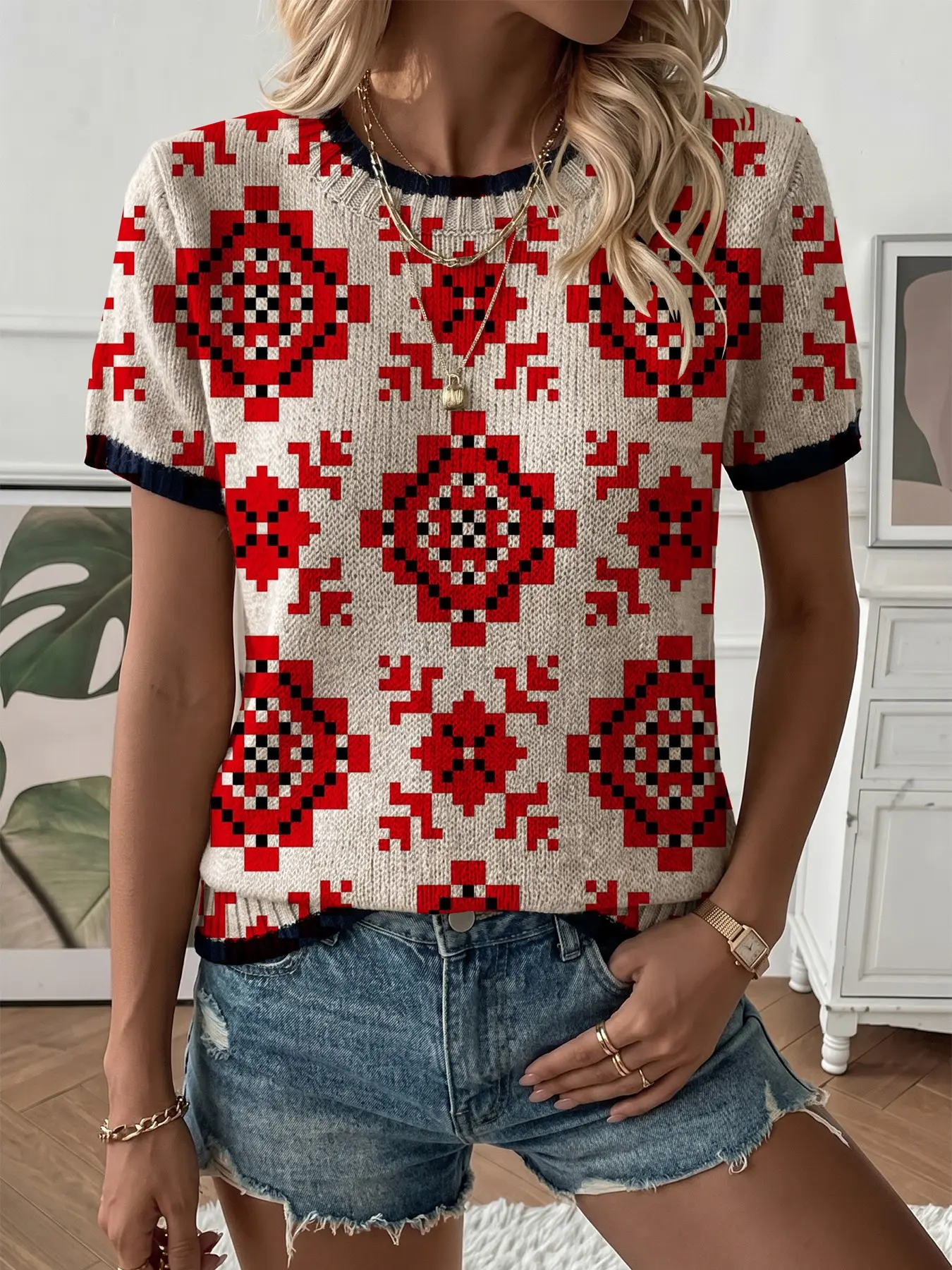 Butterfly Floral Print Round Neck Sweater, Casual Short Sleeve Knit Top, Comfortable Warm Women's Clothing, Fall Winter Upper Garment
