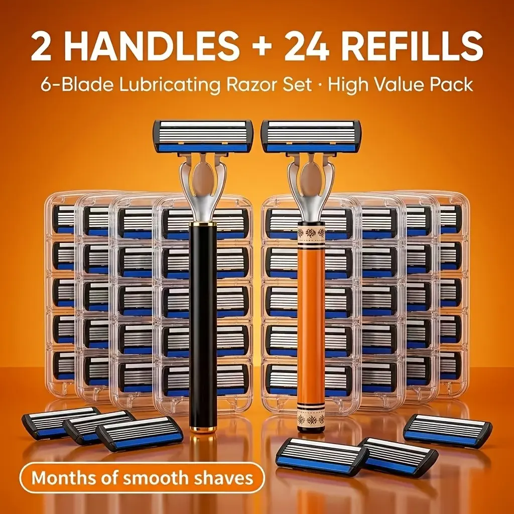 6-Layer Manual Razor Set with Handle, Stainless Steel Blades for Smooth Shaving, Reusable & Washable, Unisex Grooming Tool, Travel-Friendly, Perfect Gift
