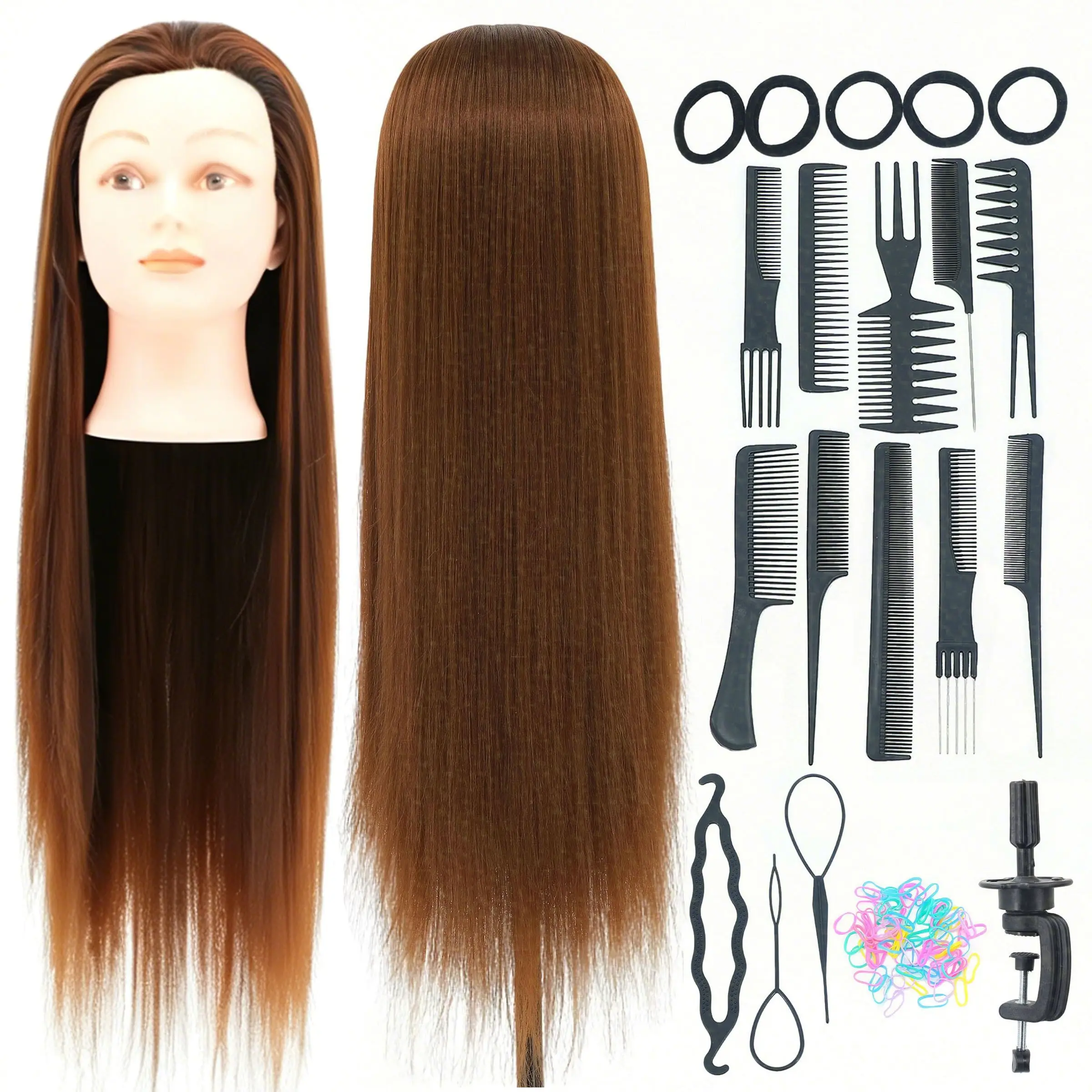 Mannequin Head with Straight Hair, 24-26 Inch Doll Head for Cosmetology & Hairdresser Training, #6 Light Brown, Single Pack, Hair Extension Holder, Hair Extension Tools