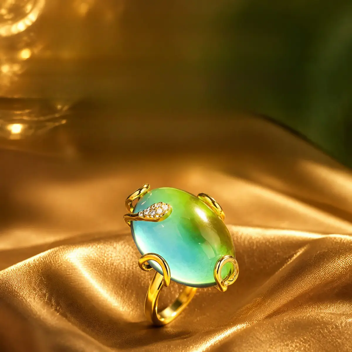 Women's Vintage Gold Adjustable Open Band Thermal Color Changing Glass Statement Ring - 4-Twist Prongs Twisted Oval Mood Ring with Leaf Micro CZ, Natural Veins, Blue Green Gradient Reactive Cocktail Jewelry Gift