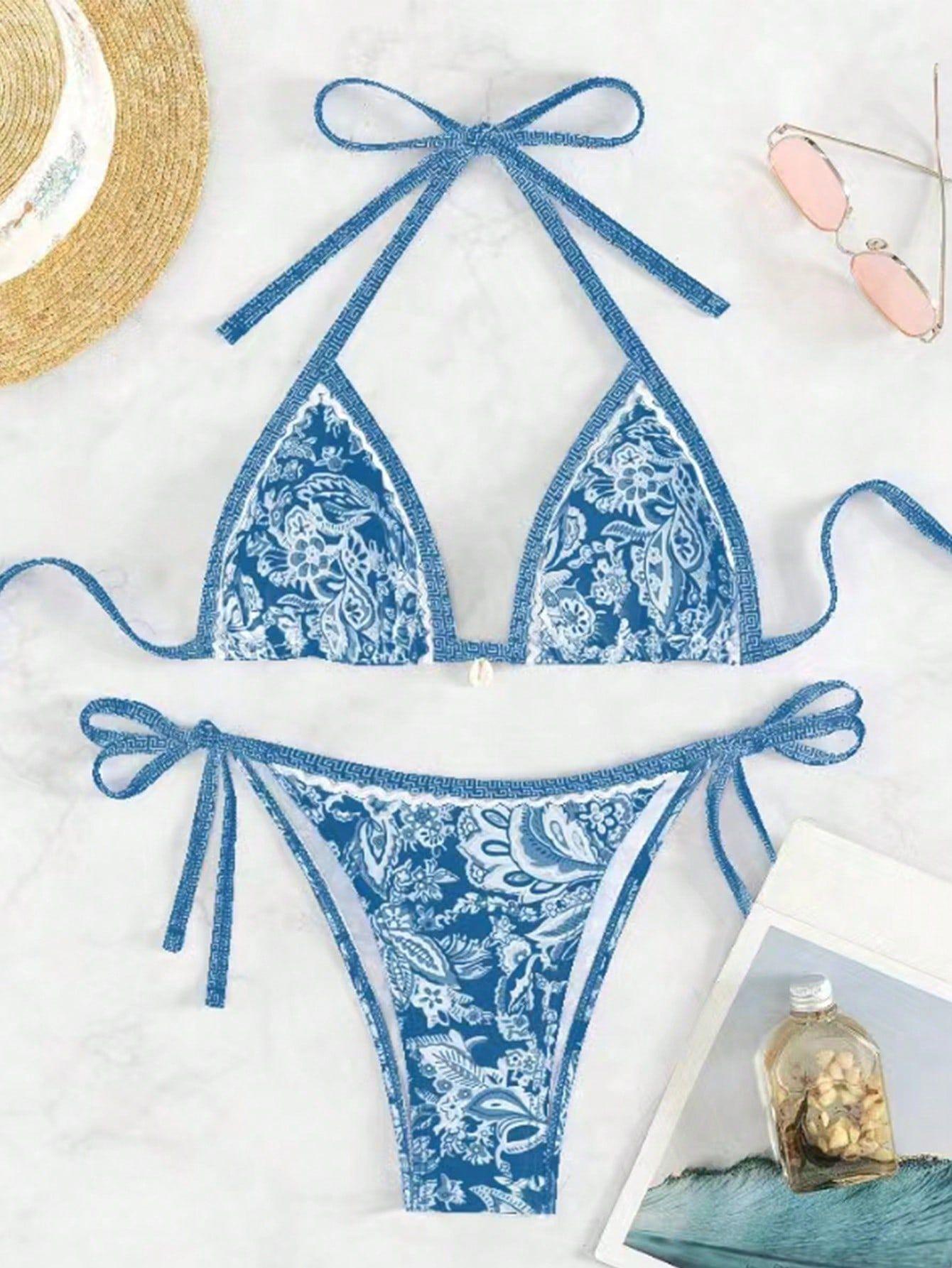 New Bikini Two-Piece Swimsuit Printed Sexy Strap Swimsuit Bikini Set with Adjustable Straps and Floral Pattern