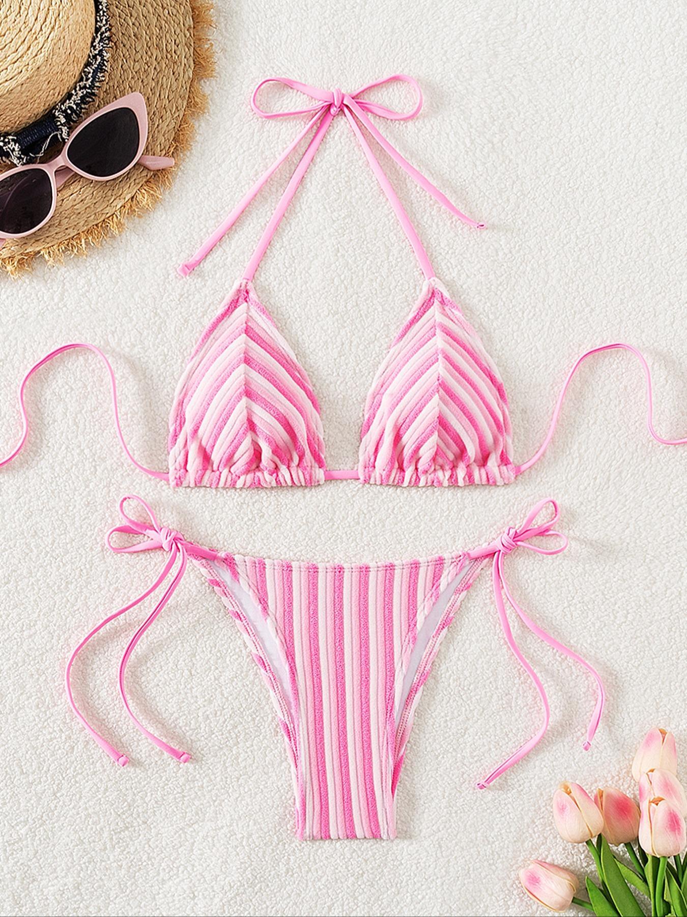 Two-piece Set Women's Striped Tie Back Bikini Set, Casual Fashion Chic Halter Neck Swim Bra & Tie Side Swim Panty Two Counts Swimsuit for Summer, Ladies Bathing Suit for Beach Holiday Vacation