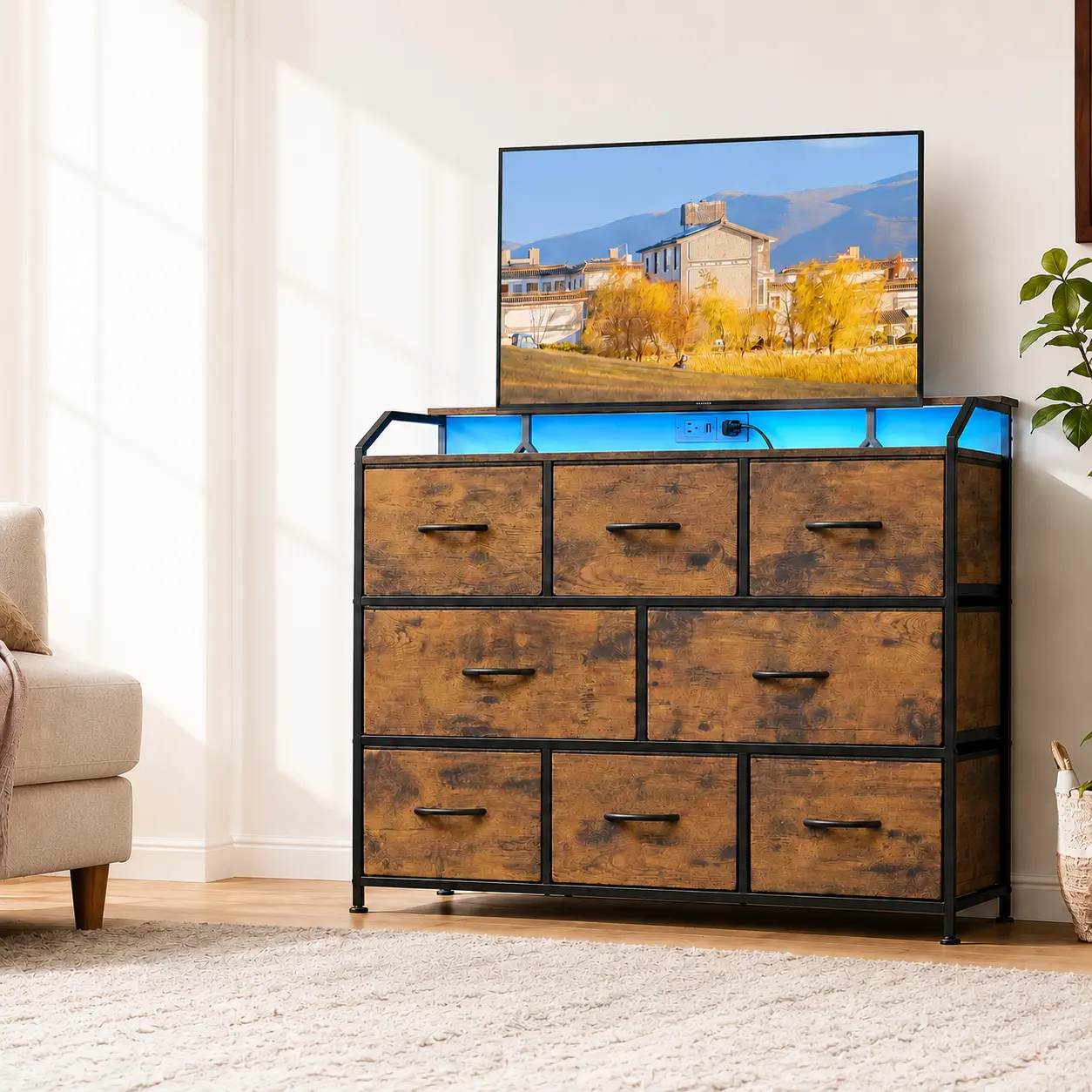 Fabric Drawer Dresser TV Stand with Power Outlets & LED Lights, Black Fabric Drawers Storage Cabinet with Metal Frame, Multi-Functional Media Console, Bedroom Vanity Table, Living Room Entertainment Center Organizer