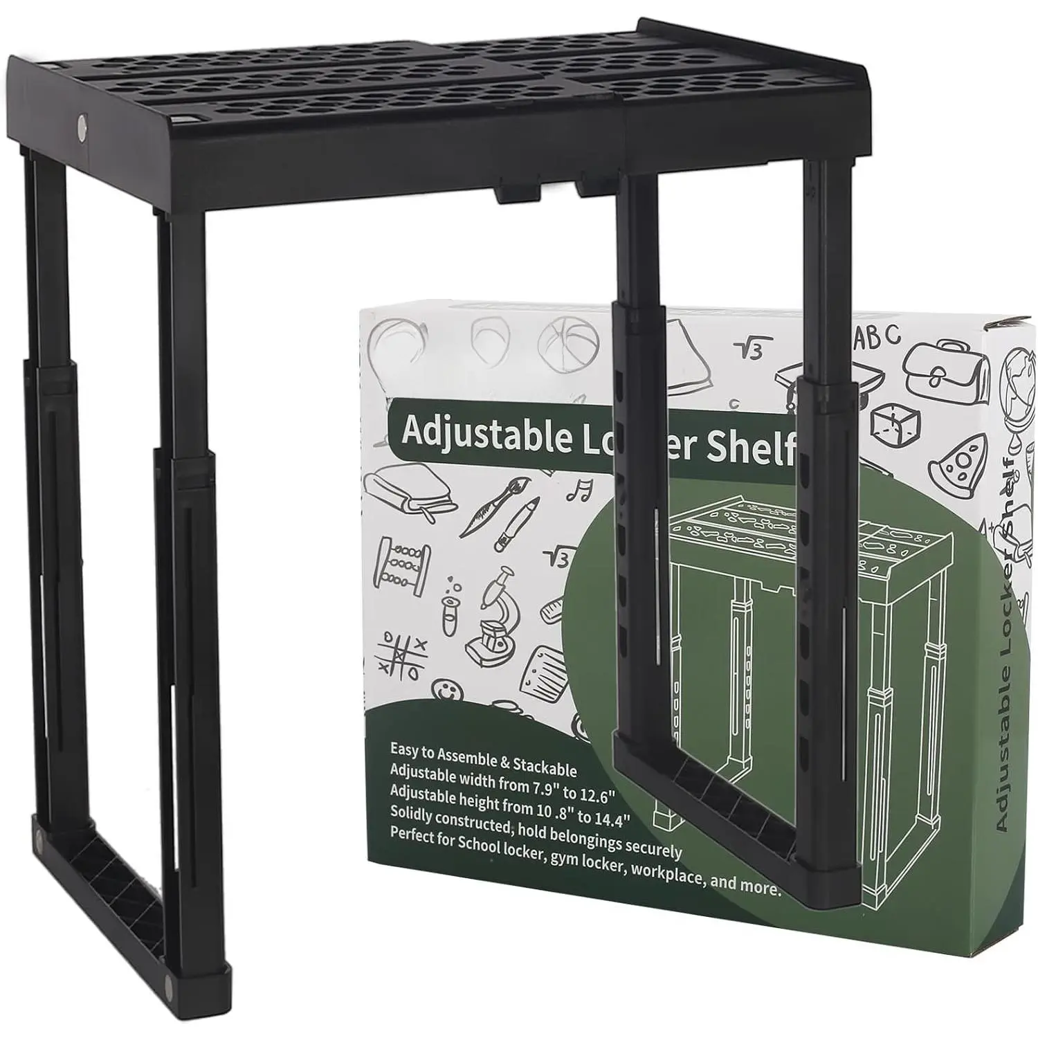 Locker Shelf for School Locker Adjustable Height and Width, Locker Organizer Shelf Stackable Locker Tools for Gym Lockers, Office,  to School Essentials, Black