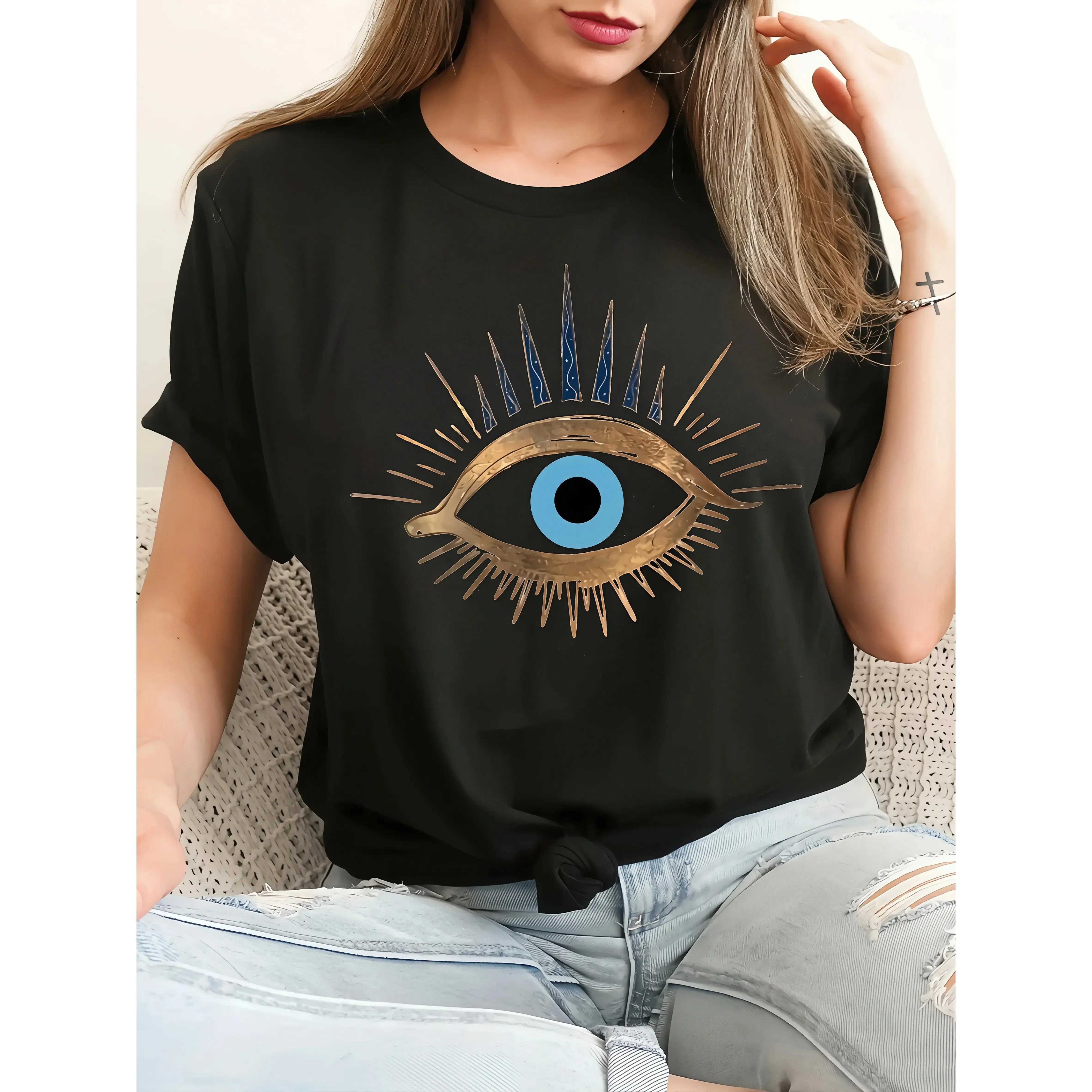 Women's Short-Sleeve Evil Eye Letter Digital Print T-Shirt - Round Neck, Soft, Breathable, Fashion Casual Cotton Top for Outings