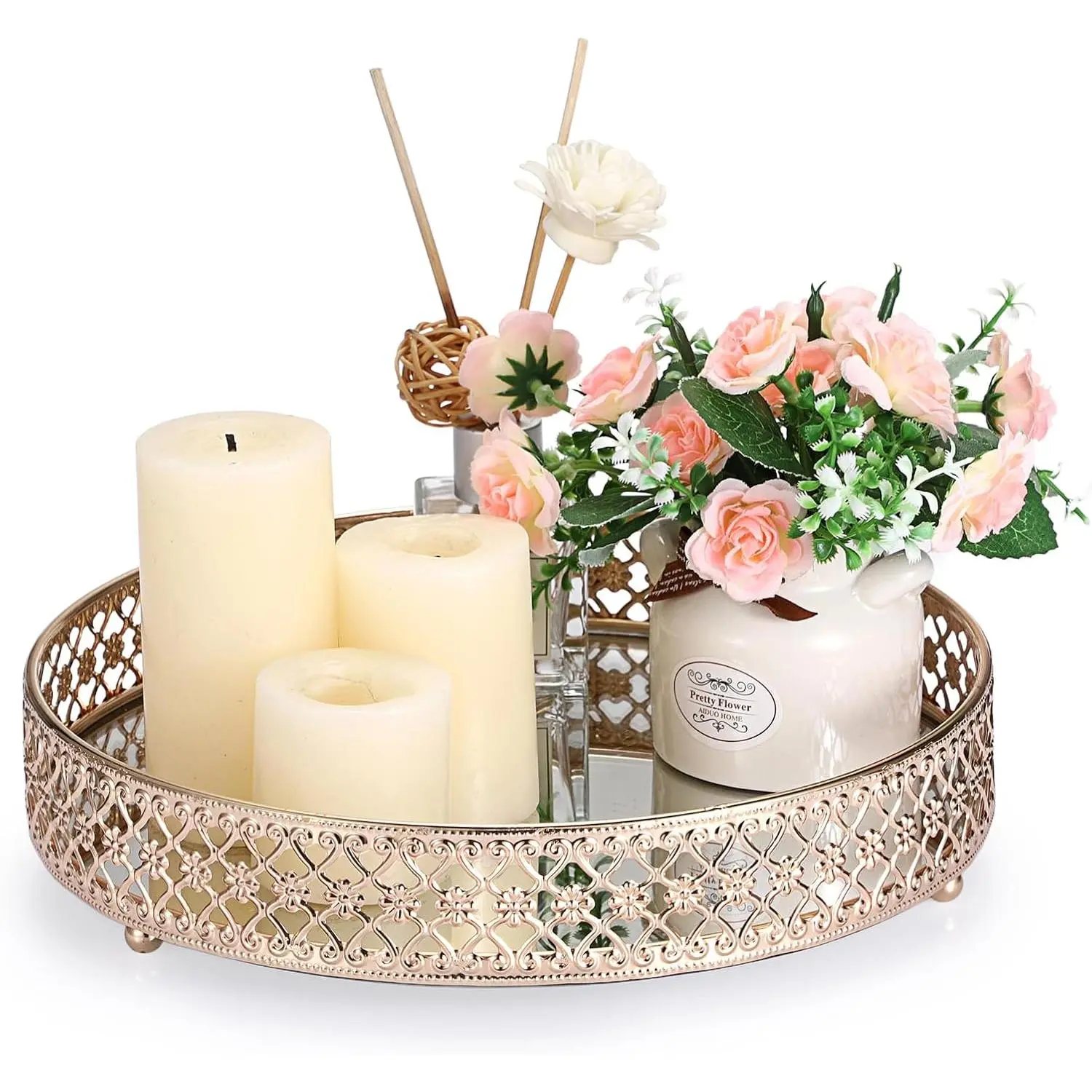 ELLDOO Round Gold Mirror Glass Vanity Tray for Bathroom (9.8 in) - Metal Classical Look Organizer, Jewelry/Candle Holder, Cosmetic Perfume Storage for Dresser, Gift for Girls’ Room Decor