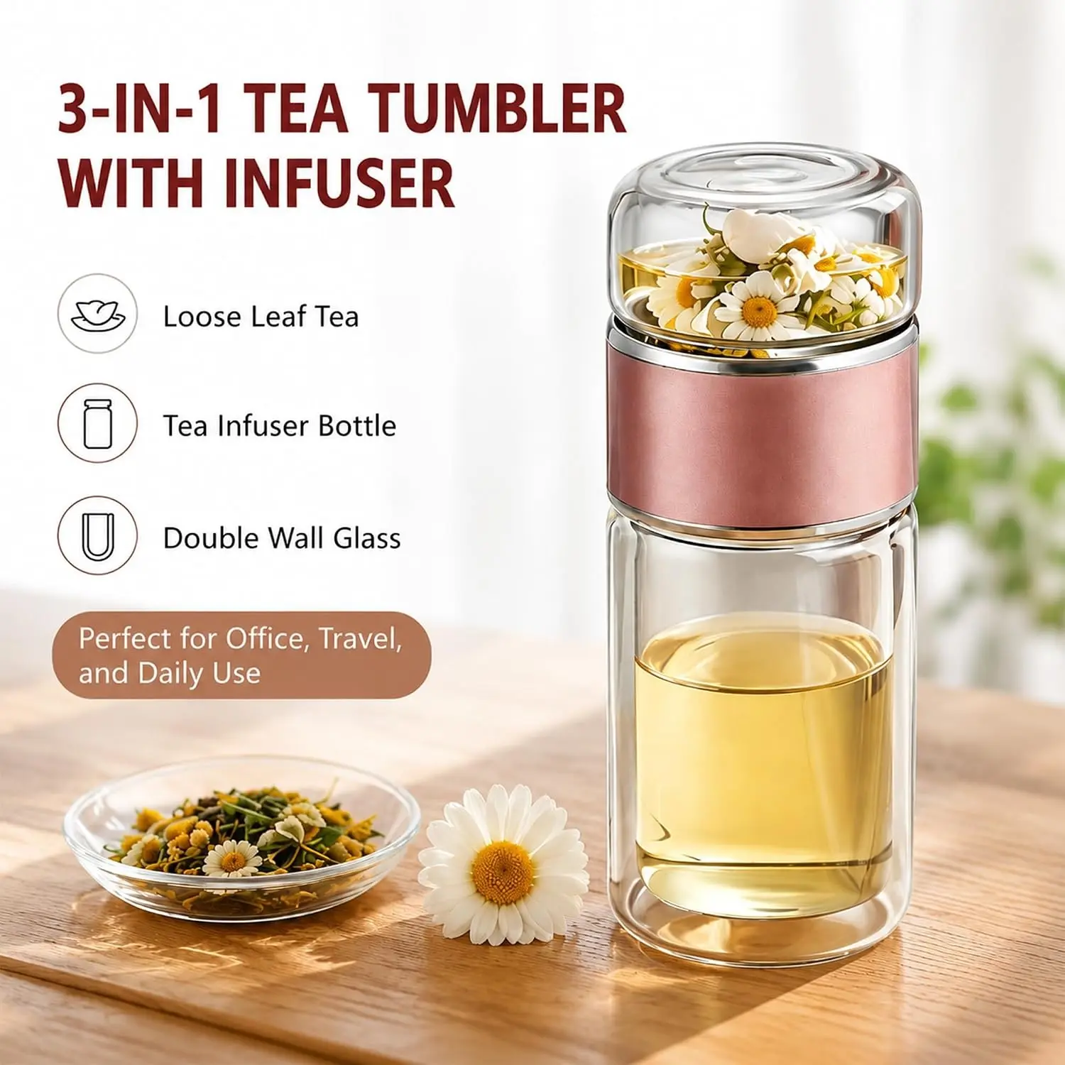 Glass Tea Tumbler, 3-in-1 Smart Tea Maker, Double-Walled Teapot with Detachable Cup, Suitable for Hot and Cold Brewing, Flower Tea and Loose Tea, with Filter, Loose Leaf Tea Pot, Anniversary, Valentine's Day and Mother's Day Gifts
