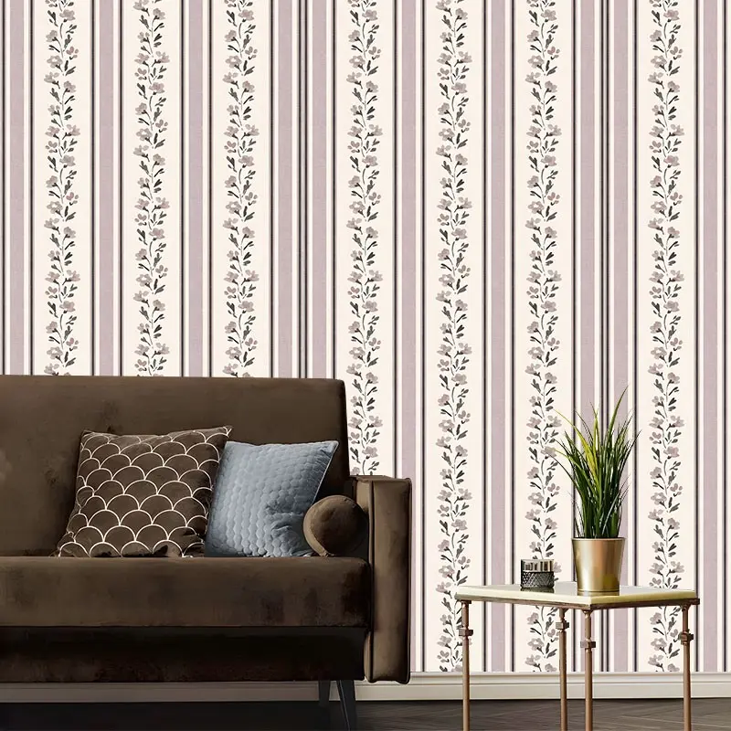 Vintage Aesthetic Lilac Stripe Floral Peel And Stick Wallpaper Ethnic Print Stain Resistant Easy To Clean Self Adhesive Removable No Residue Reusable Durable Home Decoration Suitable For Bedroom Living Room Cabinet All Indoor Decor Surfaces
