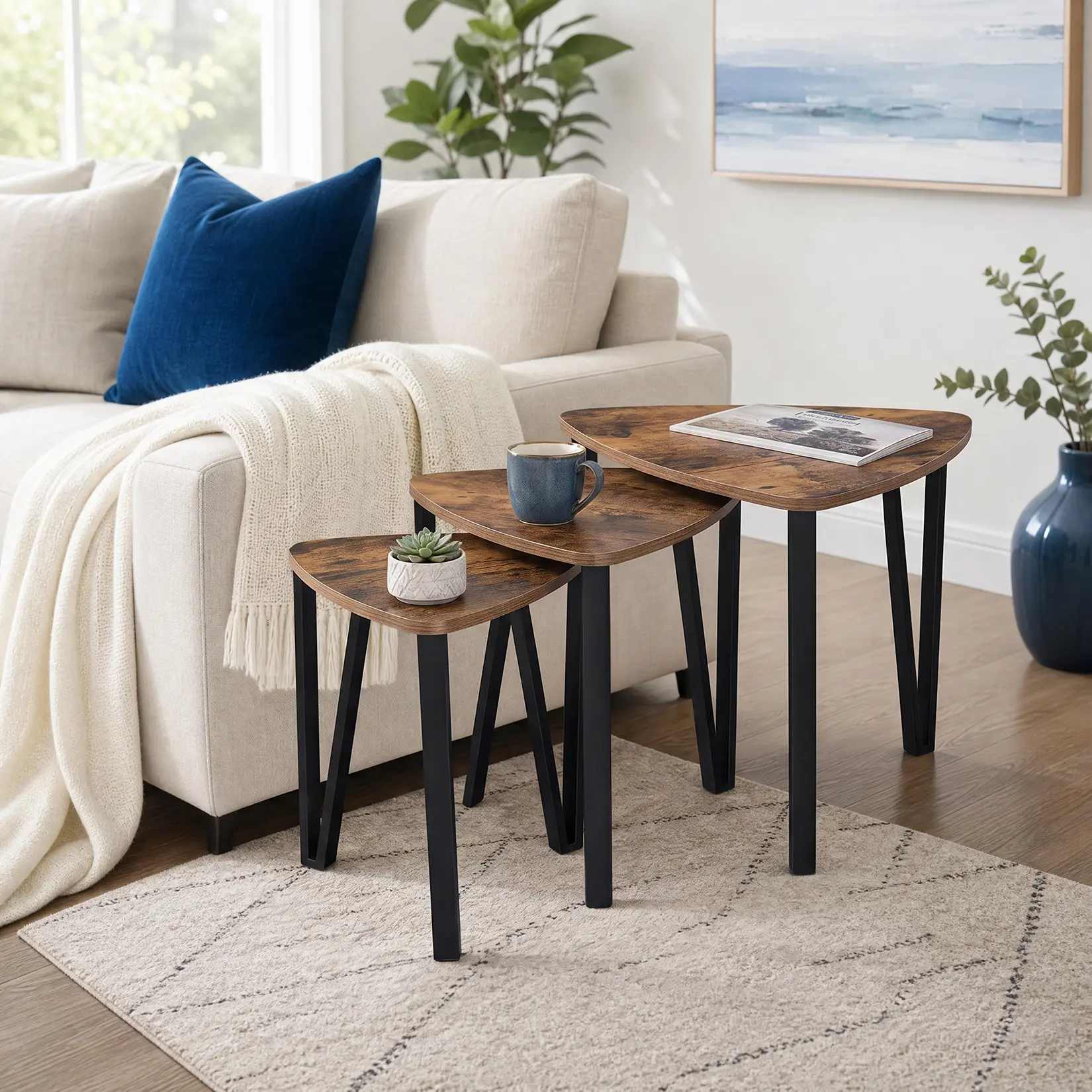 Nesting Coffee Table Set of 3 Industrial Triangle Stacking Side Tables with Metal Frame Particle Board Top for Living Room Bedroom 3 Pack,dorm essentials,home decor