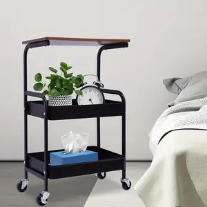 Rolling Cart Storage Rack With Wooden Desktop, 3-Tier Metal Multi-Function Cart, 3-Layer Printer Stand With Wheels, Rolling Storage Organizer Cart With Lockable Wheels, Suitable For Kitchen, Office