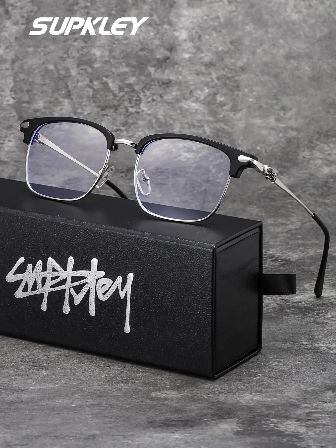 SUPKLEY Casual College Style Full Frame Men's Glasses, Casual Stylish Glasses, Half Rim Square Stainless Steel Frame, Fashion Decorative, Blue Light Blocking, Square Frame Eyewear, Everyday Eyewear