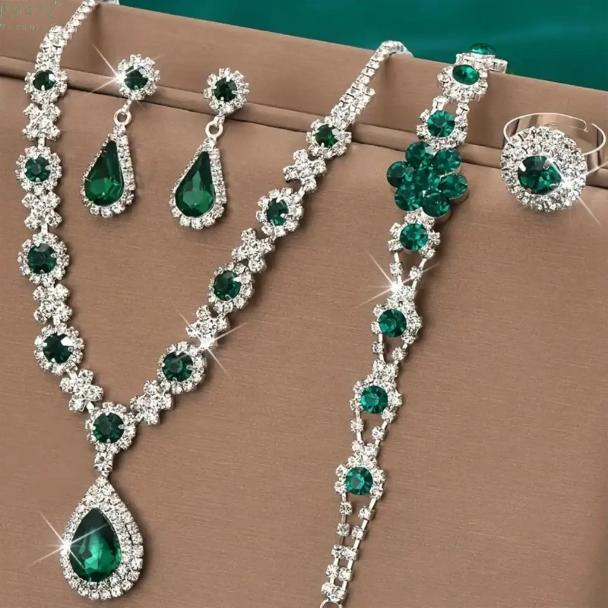Emerald Stone Jewelry Set for Women, Matching Necklace Earrings Bracelet Ring 4 Piece Fashion Accessories, Elegant Sparkle Statement Jewelry for Wedding, Party, Date Night, Daily Wear and Holiday Gift Occasions