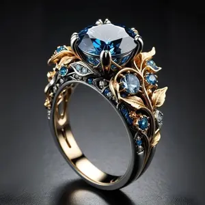 2-Tone Handcrafted Vintage Ring with Inlaid Sapphire - High-Grade Blue Stone Rings for Collectors, Luxury Hand Jewelry Accessory