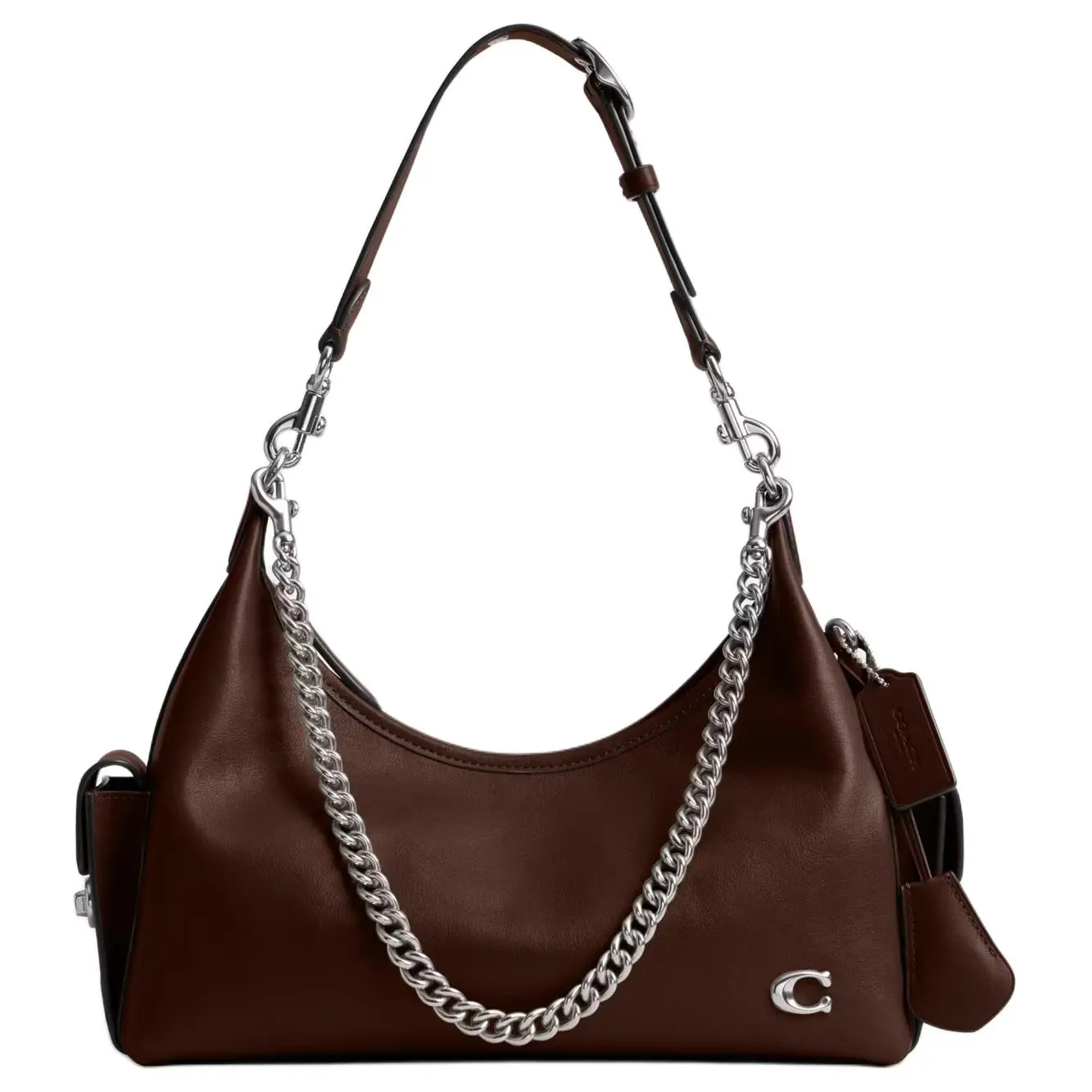 COACH Pocket Juliet 30 Leather Moto Shoulder Bag for Women, Silver Hardware, Brown