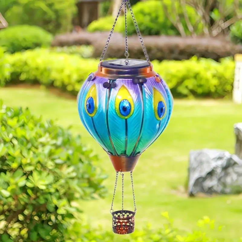 Peacock Hot Air Balloon Solar Powered Hanging Lantern, Stained Glass Waterproof Outdoor Solar Lights, Decorative Lantern for Garden Patio Yard